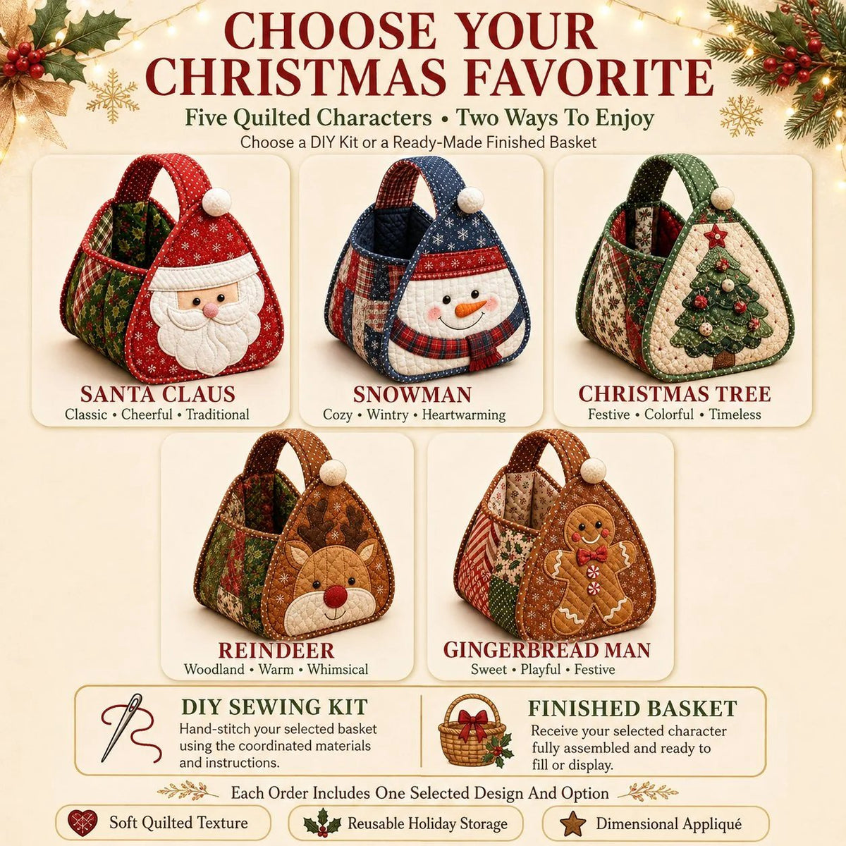 🏆Only $22.99 Last Day Promotion!🎁🎄🎅 Christmas Quilted Carry Basket (DIY Kit & Finished)